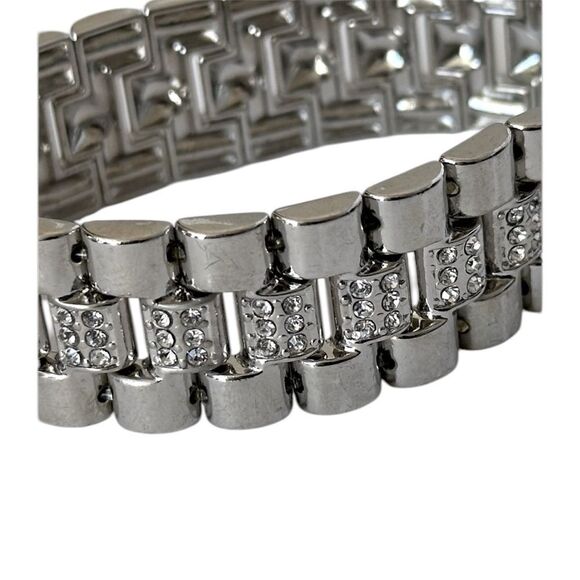 Silver-tone band stretch bracelet with CZ accents.  8.5” circumference - Picture 2 of 9